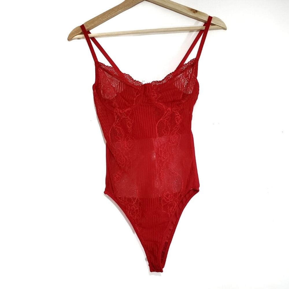 Blashe | Sheer Lace Bodysuit in Pretty Red with Adjustable Straps